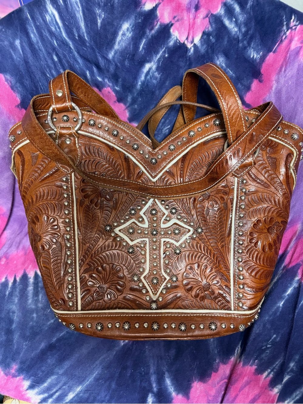 American West Brown Tooled Leather Cross Tote with Stud Accents